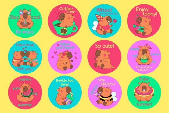 Capybara Round Stickers: Graphics & Illustrations