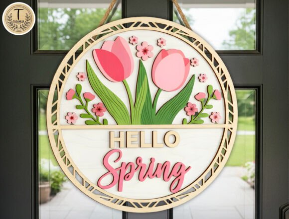 Hello Spring Tulip Door Hanger SVG for Laser Cutting & Spring Amp