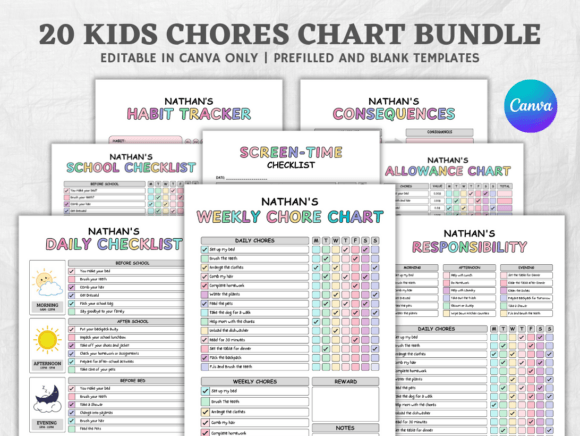 Kids Chore Chart Bundle: Fresh Graphics & Print Templates
